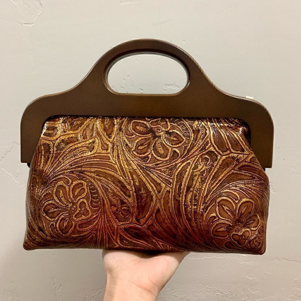 Vintage Style Handmade Genuine Embossed Leather Wooden Frame Bag/Crossbody - Picture 1 of 16